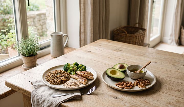 Zwei Teller auf Holztisch: Linsen, Hähnchen und Brokkoli neben Avocado, Olivenöl, Mandeln und Walnüssen im Morgenlicht