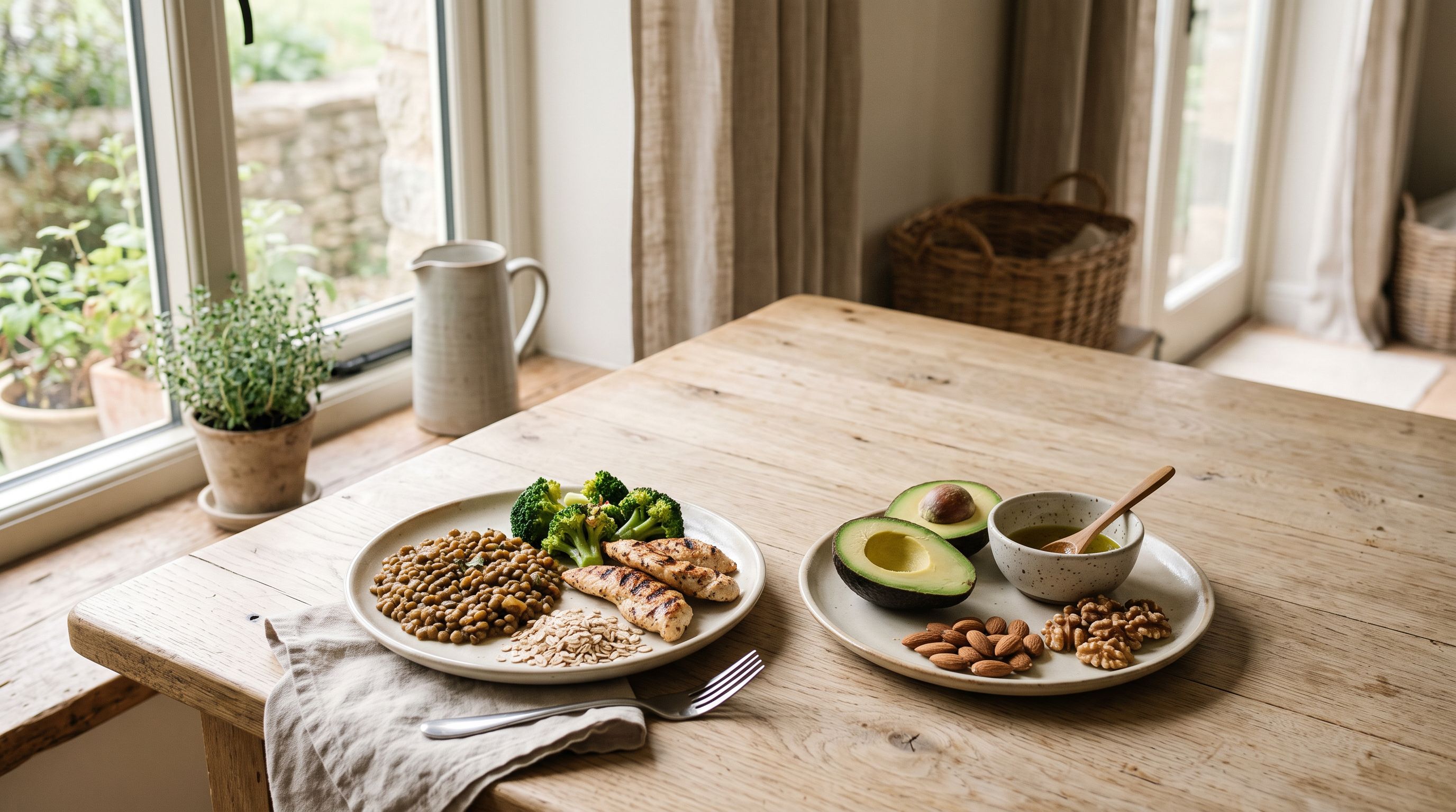 Zwei Teller auf Holztisch: Linsen, Hähnchen und Brokkoli neben Avocado, Olivenöl, Mandeln und Walnüssen im Morgenlicht