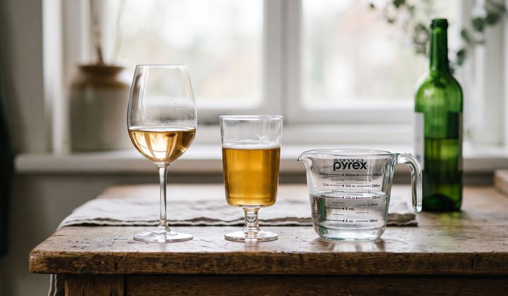 Weinglas, kleines Bierglas und Messbecher nebeneinander auf einer Küchenarbeitsplatte im weichen Morgenlicht