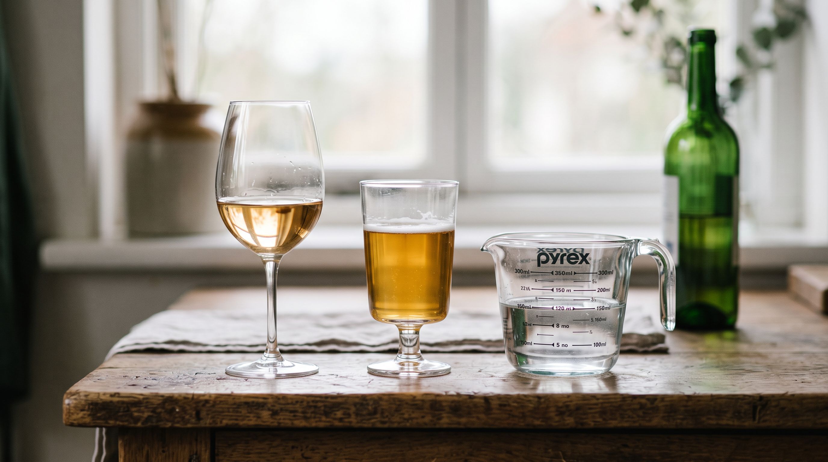 Weinglas, kleines Bierglas und Messbecher nebeneinander auf einer Küchenarbeitsplatte im weichen Morgenlicht