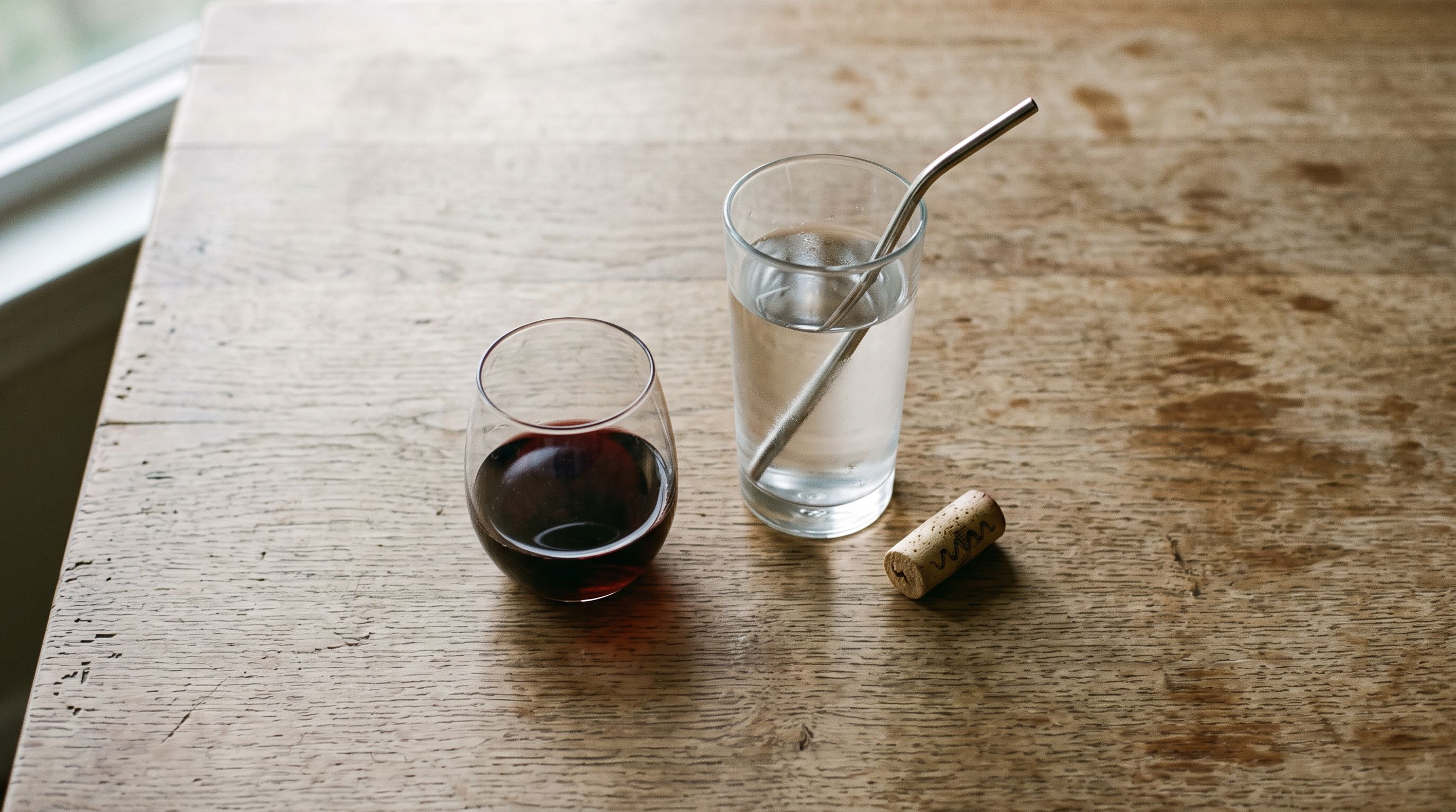 Halb gefülltes Rotweinglas neben einem Glas Wasser und einem Korken auf einem Holztisch im Abendlicht