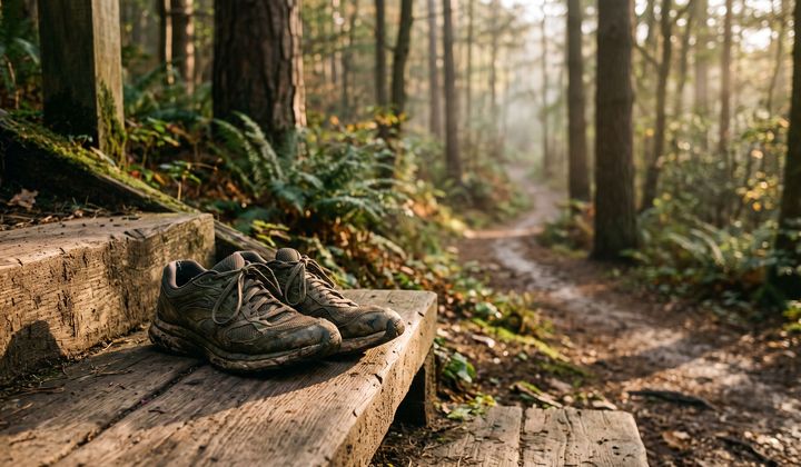 Abgetragene Laufschuhe auf einer Holzstufe am Waldweg, Morgenlicht fällt durch die Bäume, leichter Nebel