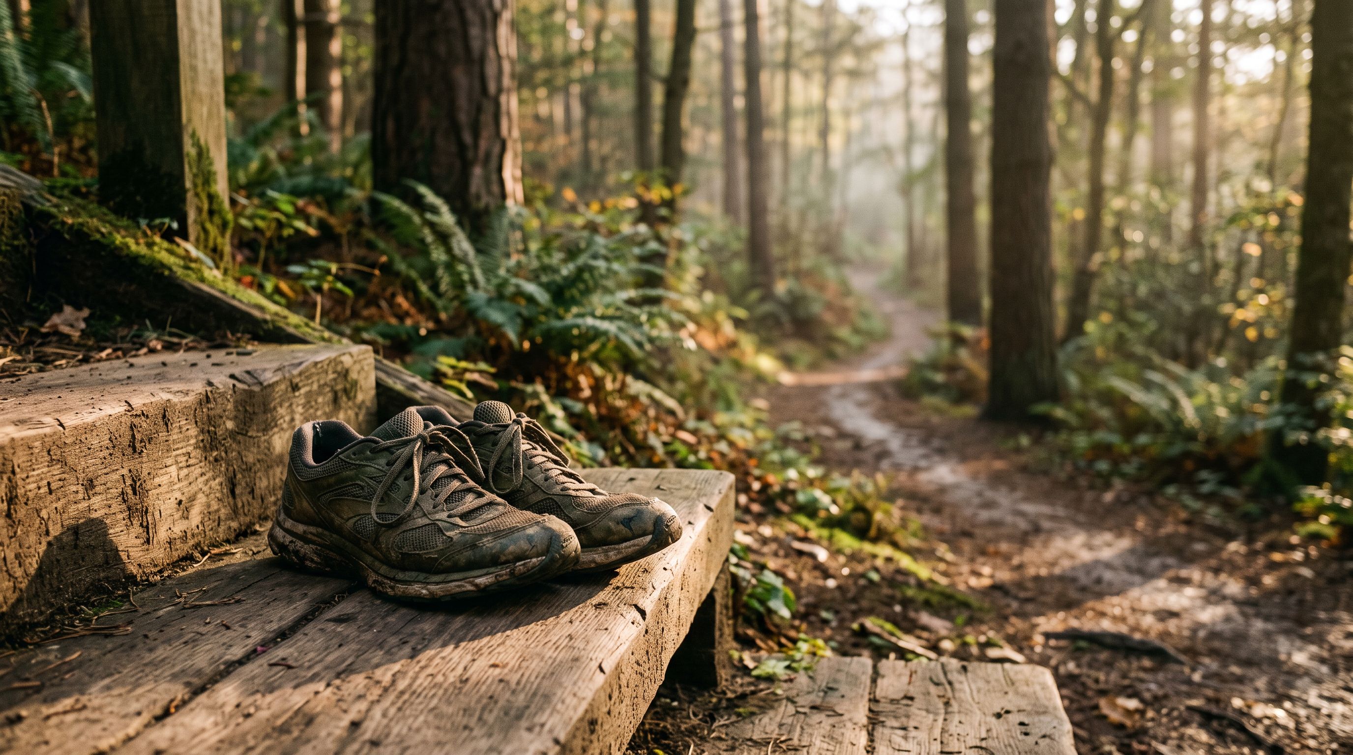 Abgetragene Laufschuhe auf einer Holzstufe am Waldweg, Morgenlicht fällt durch die Bäume, leichter Nebel