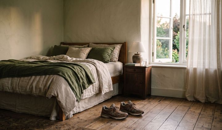 Abgetragene Walkingschuhe auf dem Holzboden neben einem gemachten Bett mit Leinenbettwäsche im warmen Abendlicht