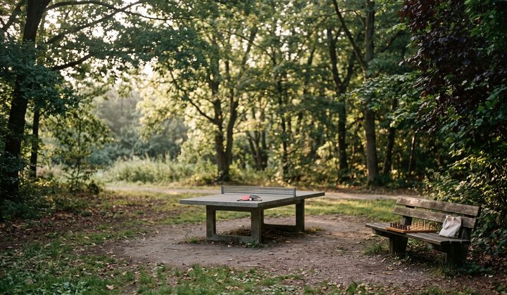 Tischtennisplatte im Park mit zwei Schlägern und Ball, daneben ein Schachbrett auf einer Bank, im Morgenlicht