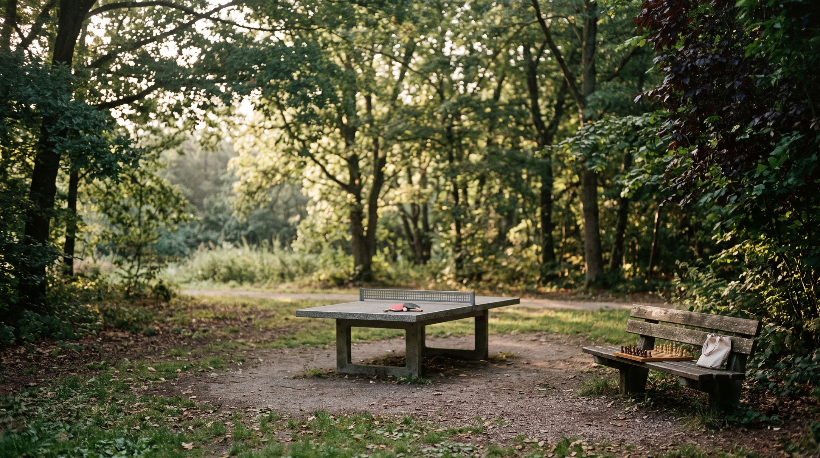 Tischtennisplatte im Park mit zwei Schlägern und Ball, daneben ein Schachbrett auf einer Bank, im Morgenlicht