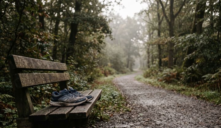 Getragene Laufschuhe auf einer Holzbank am Kiesweg im Park, weiches Morgenlicht zwischen Bäumen