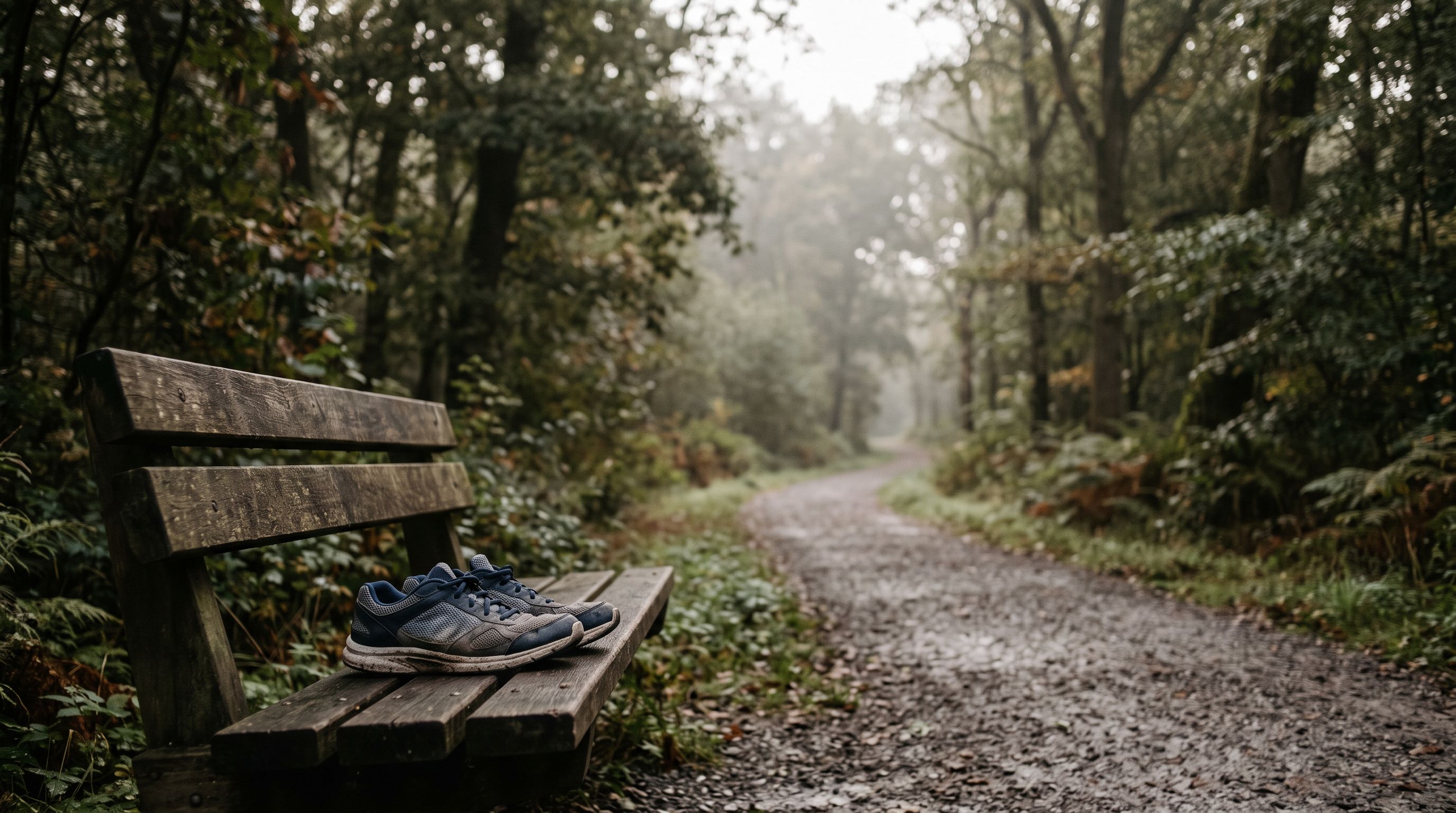 Getragene Laufschuhe auf einer Holzbank am Kiesweg im Park, weiches Morgenlicht zwischen Bäumen