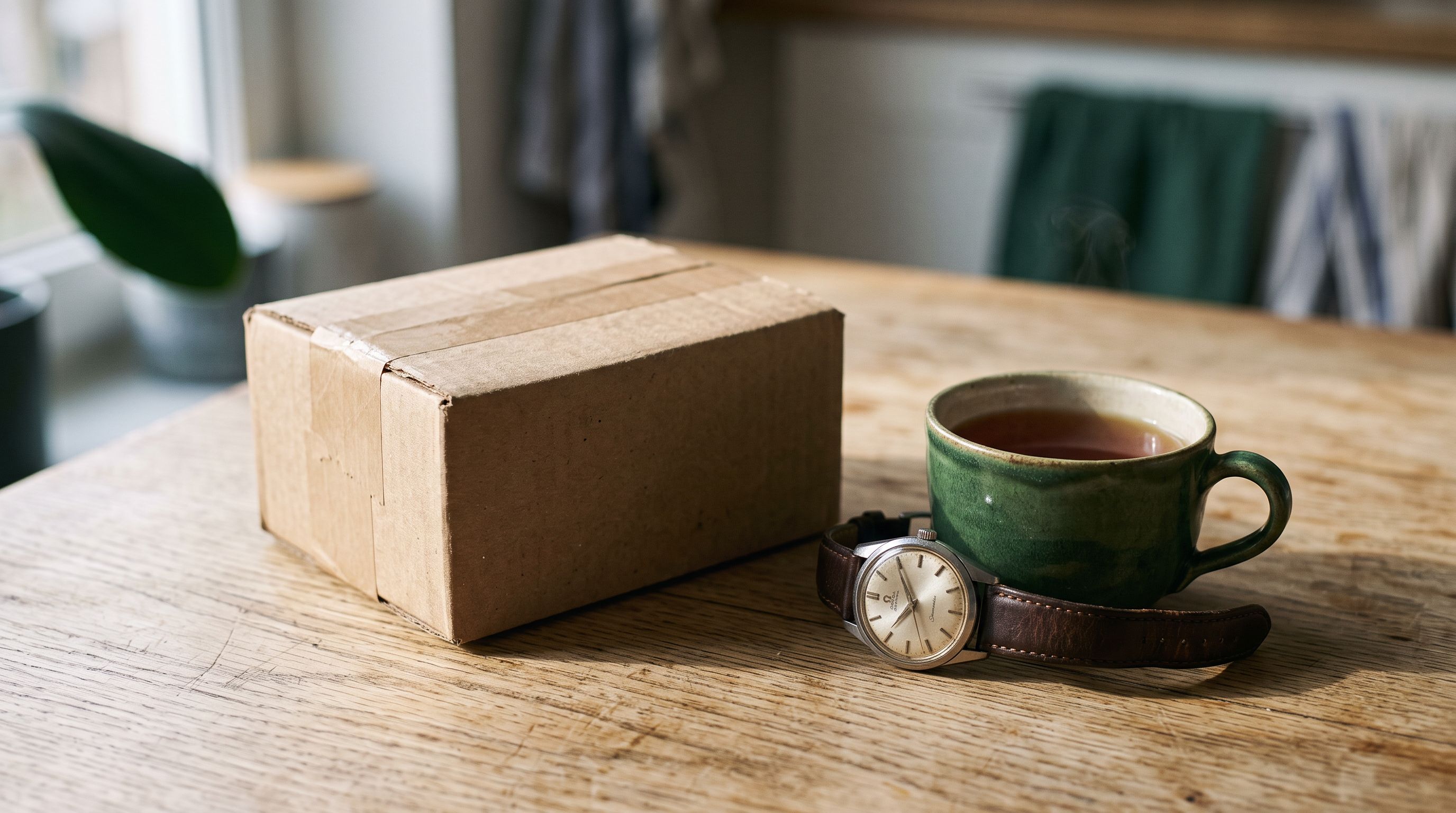 Ungeöffnetes Päckchen neben einer analogen Armbanduhr und einer Tasse Tee auf einem Holztisch im Morgenlicht
