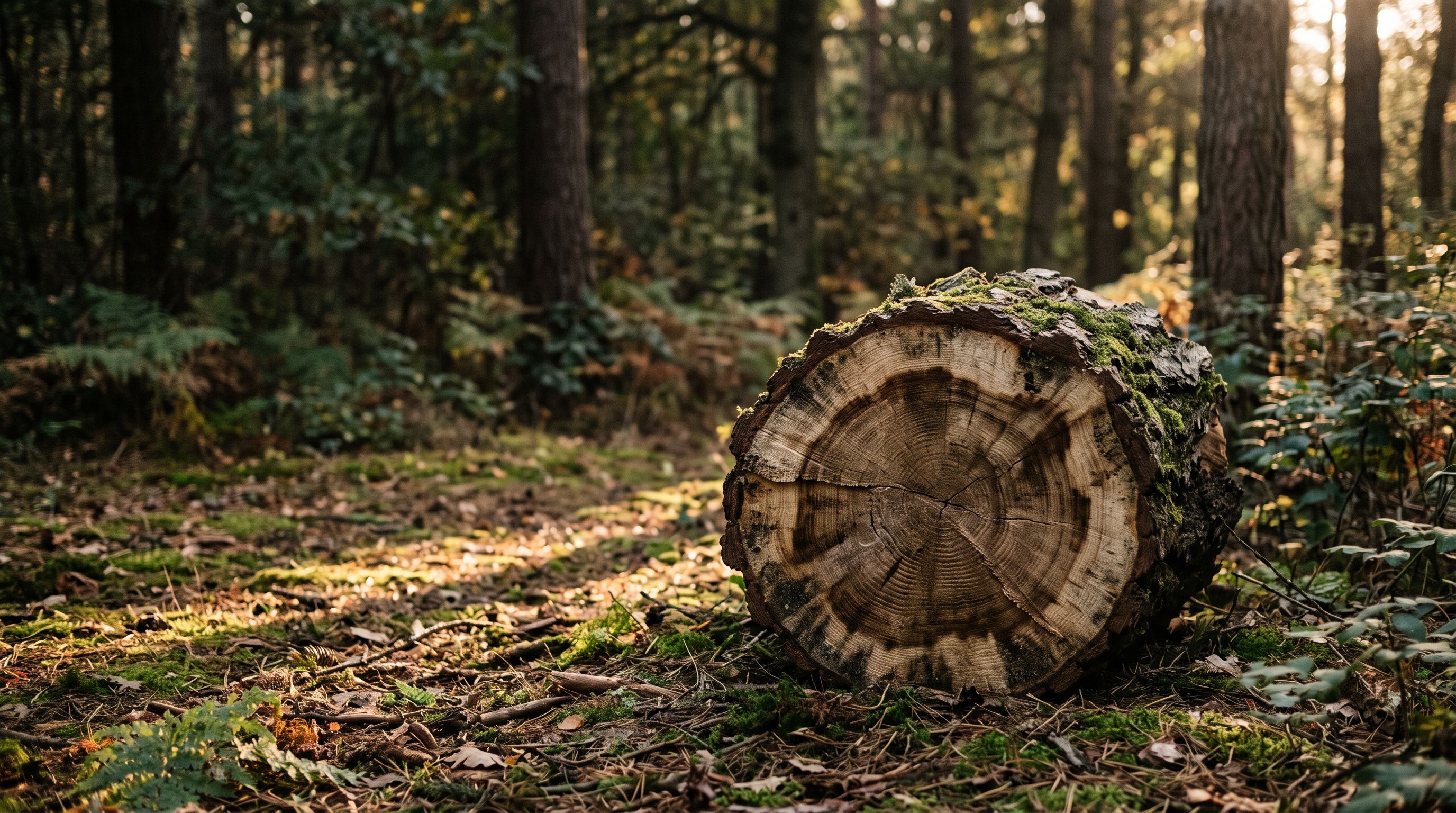 Baumstumpf im Wald mit ungleichmäßigen Jahresringen und etwas Moos, im weichen Morgenlicht