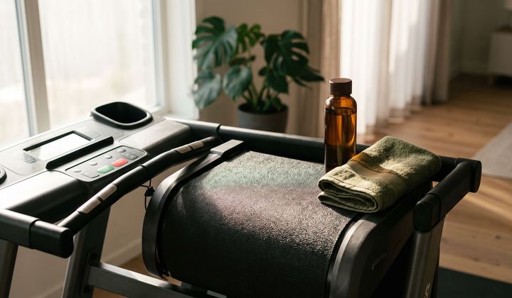 Leeres Laufband an einem hellen Fenster im Morgenlicht, auf dem Handlauf eine Wasserflasche und ein gefaltetes Handtuch