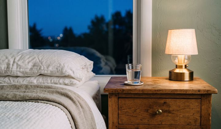 Nachttisch mit Wasserglas und warmer Lampe neben einem Bett, im Fenster dämmert der blaue Abendhimmel in die Nacht.