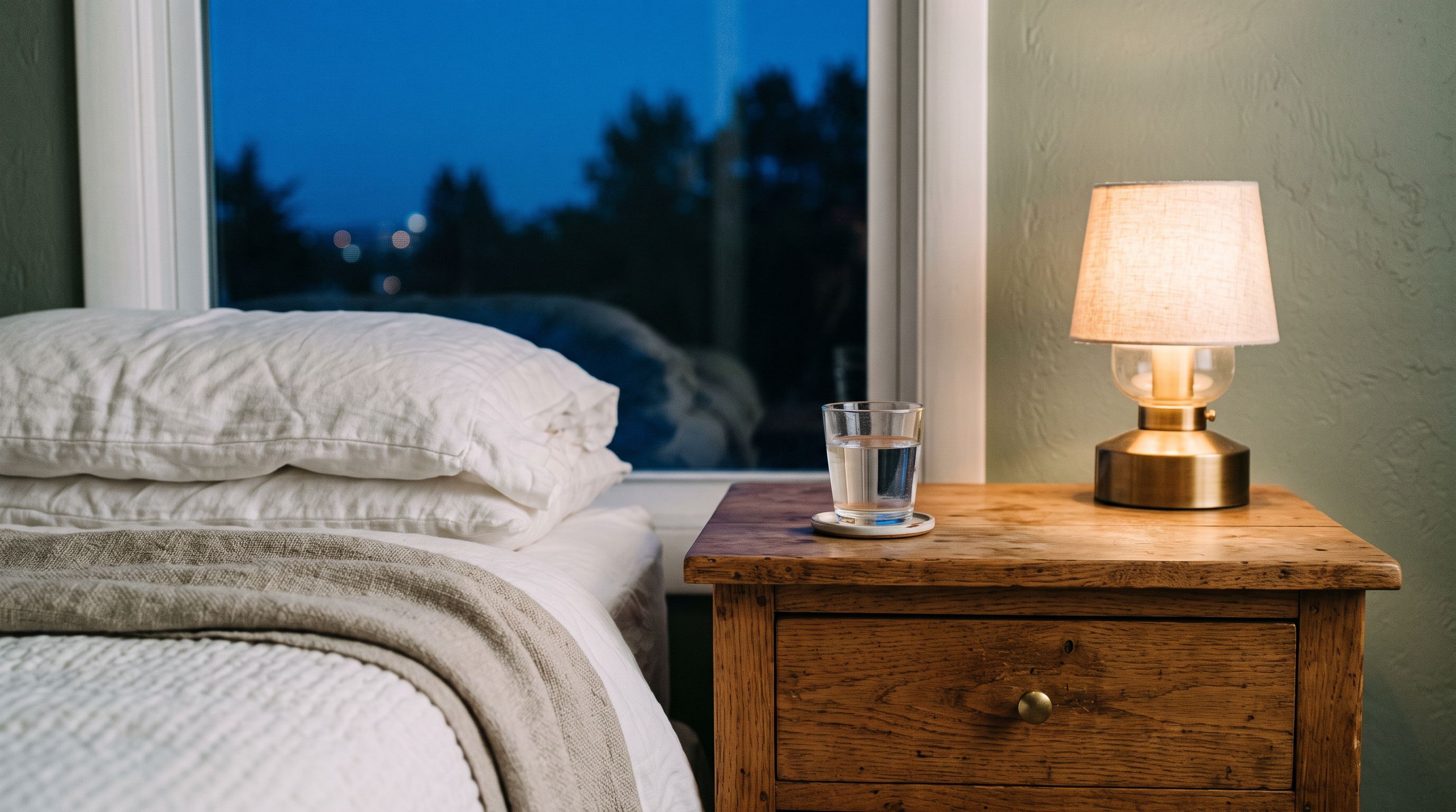 Nachttisch mit Wasserglas und warmer Lampe neben einem Bett, im Fenster dämmert der blaue Abendhimmel in die Nacht.