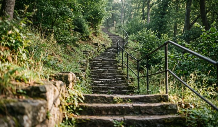 Steile Steintreppe mit Handlauf führt durch einen grünen Park hinauf, weiches Morgenlicht wirft lange Schatten.