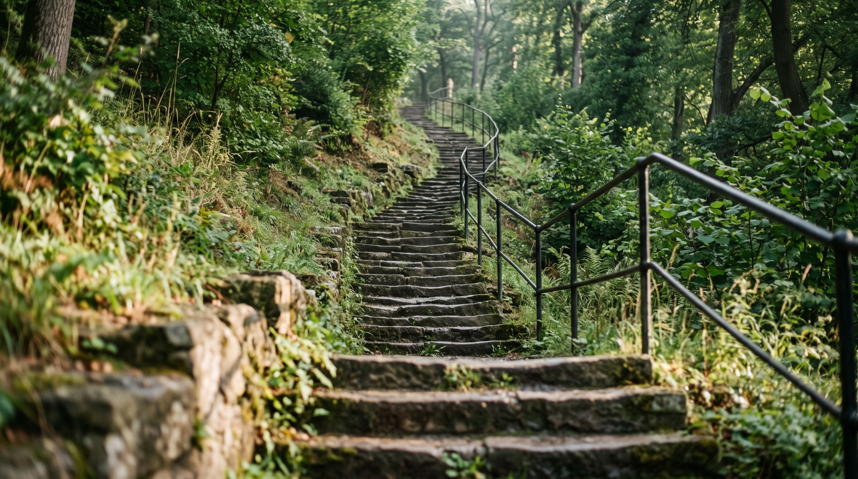 Steile Steintreppe mit Handlauf führt durch einen grünen Park hinauf, weiches Morgenlicht wirft lange Schatten.