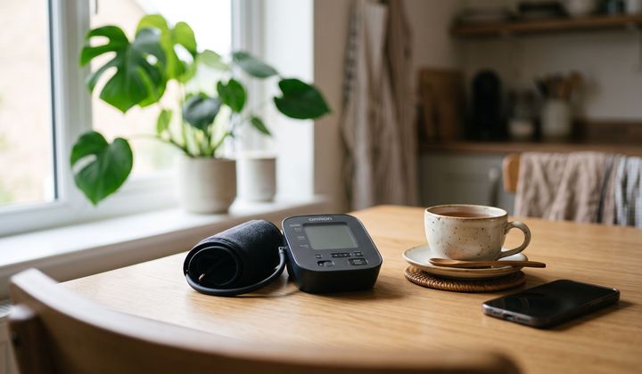 Blutdruckmessgerät mit aufgerollter Manschette neben Teetasse und Smartphone auf einem Holztisch im Morgenlicht