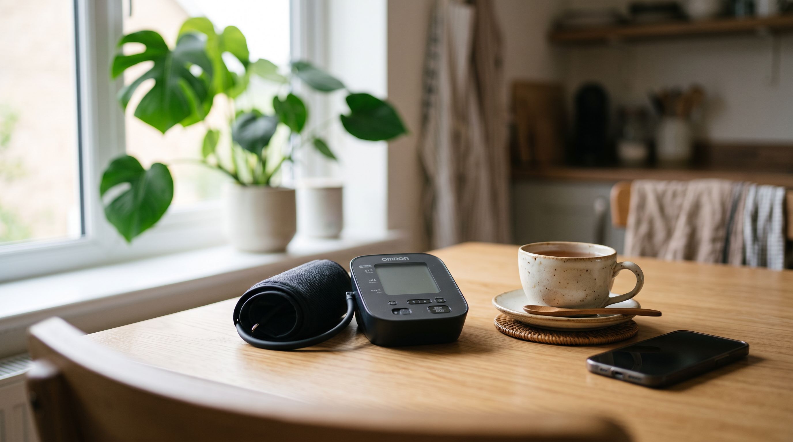 Blutdruckmessgerät mit aufgerollter Manschette neben Teetasse und Smartphone auf einem Holztisch im Morgenlicht