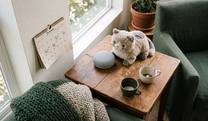 Smarter Lautsprecher und Plüsch-Robokatze auf einem Holztisch neben Sessel, zwei Teetassen, warmes Nachmittagslicht