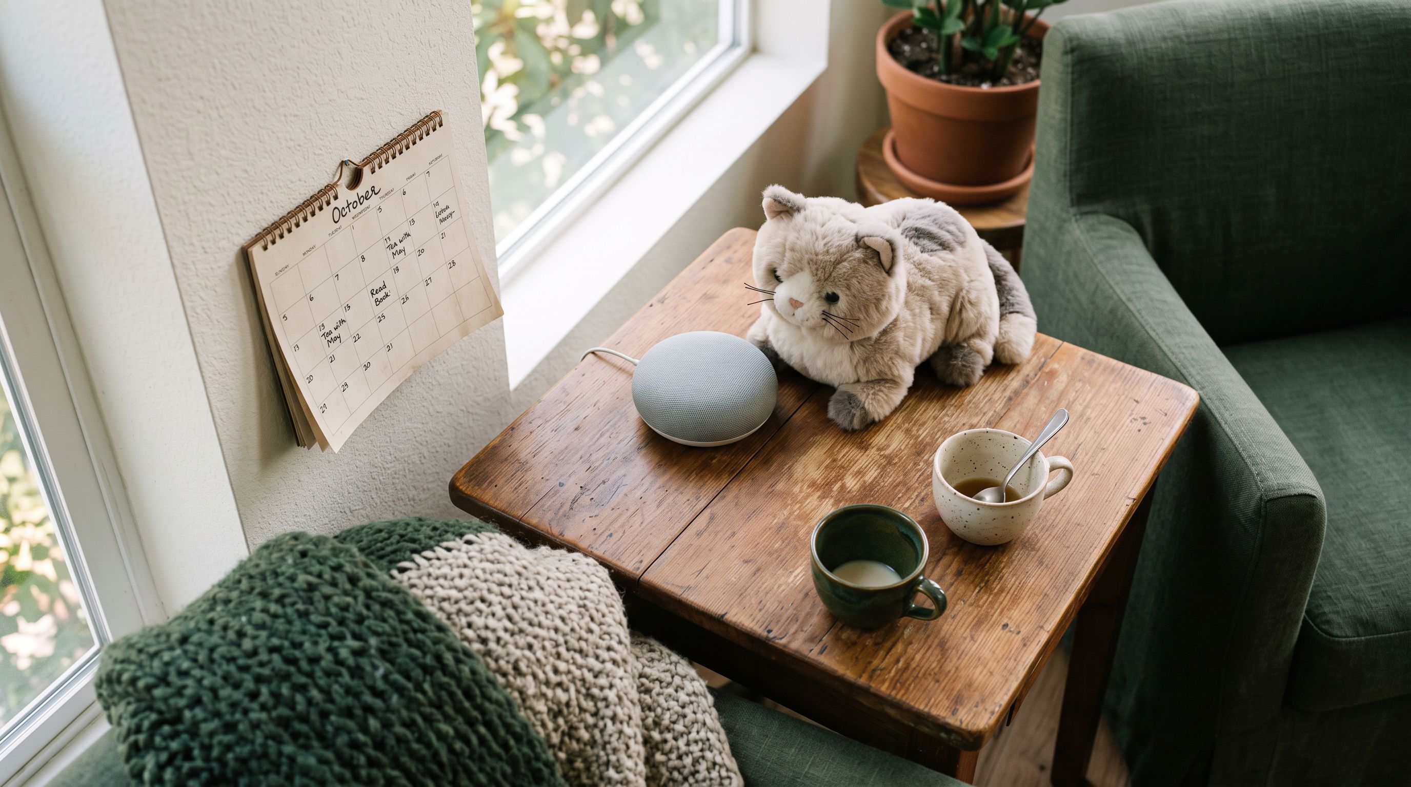 Smarter Lautsprecher und Plüsch-Robokatze auf einem Holztisch neben Sessel, zwei Teetassen, warmes Nachmittagslicht