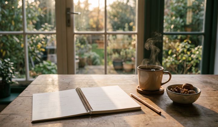 Küchentisch am Fenster im Morgenlicht mit aufgeschlagenem Notizheft, Bleistift, dampfender Tasse Tee und einer Schale Walnüsse