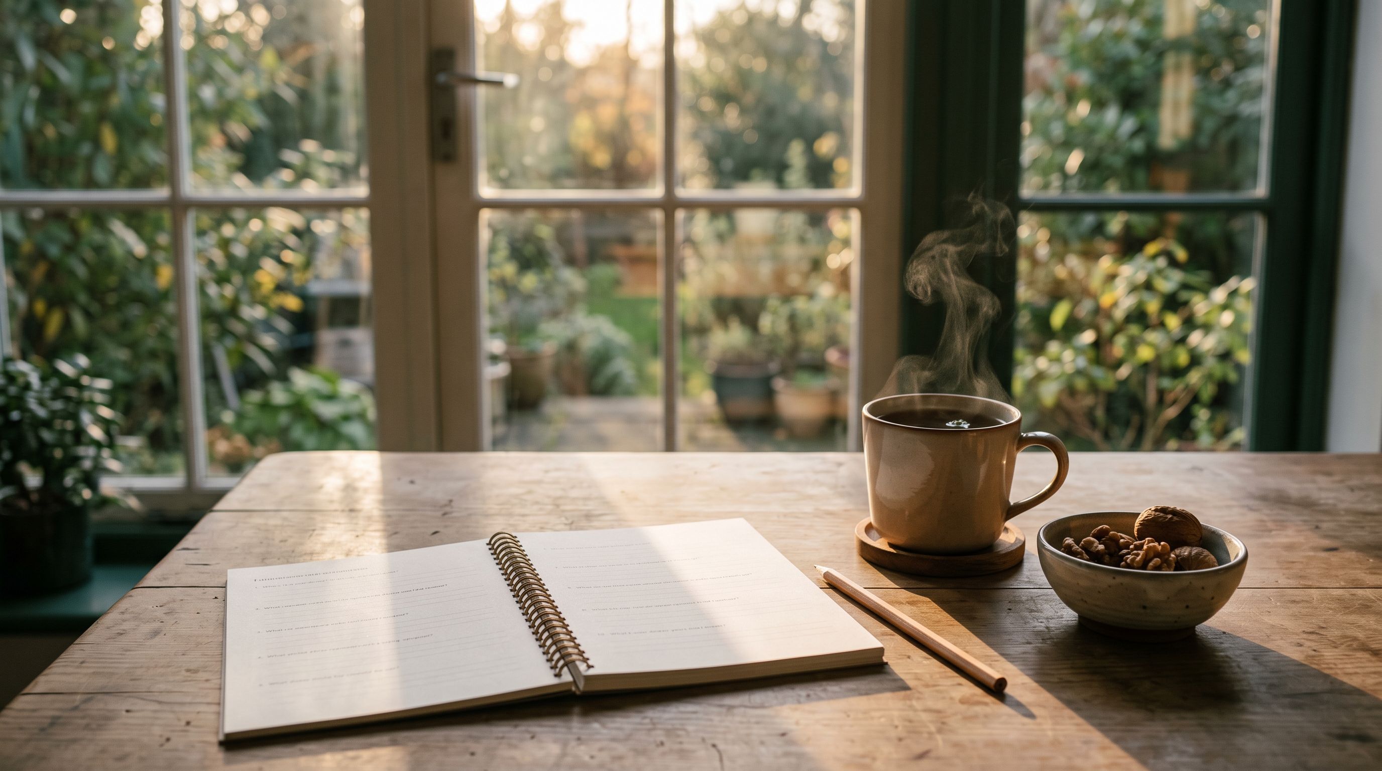 Küchentisch am Fenster im Morgenlicht mit aufgeschlagenem Notizheft, Bleistift, dampfender Tasse Tee und einer Schale Walnüsse