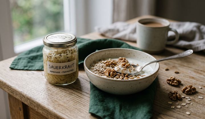 Glas mit Sauerkraut und Schale mit Joghurt, Haferflocken und Walnüssen auf einem Holztisch im Morgenlicht