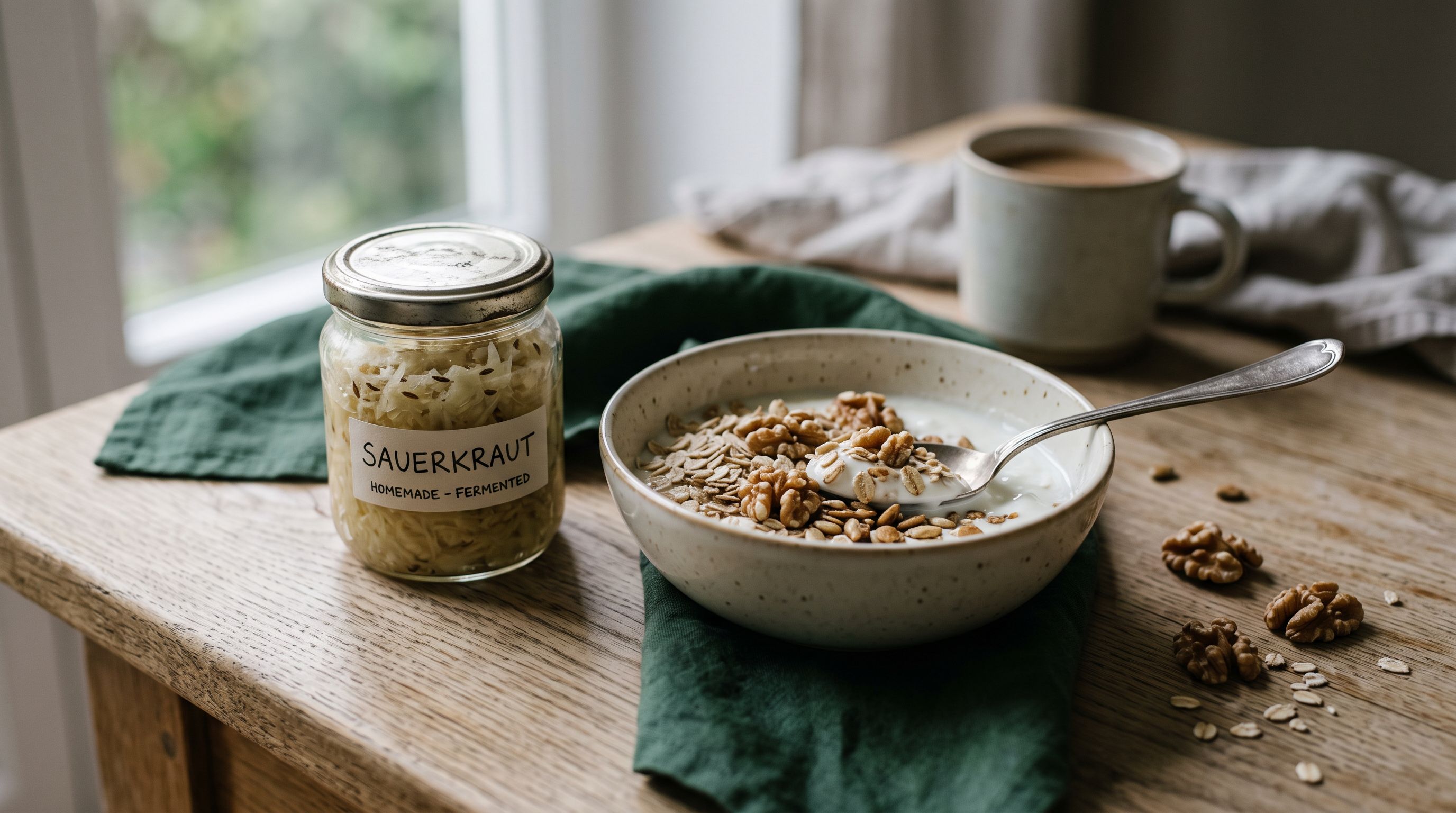 Glas mit Sauerkraut und Schale mit Joghurt, Haferflocken und Walnüssen auf einem Holztisch im Morgenlicht