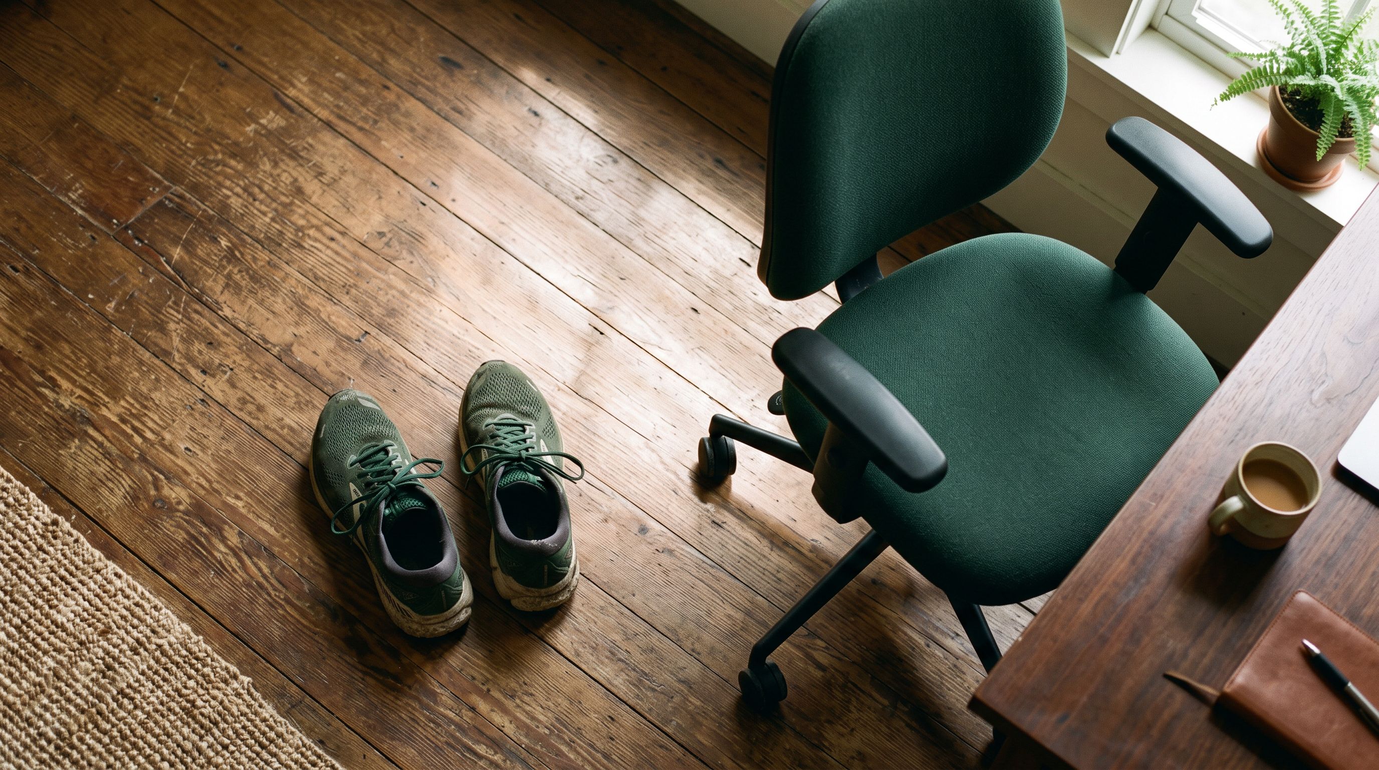 Laufschuhe auf Holzboden neben einem zurückgeschobenen Bürostuhl, Morgenlicht fällt durchs Fenster