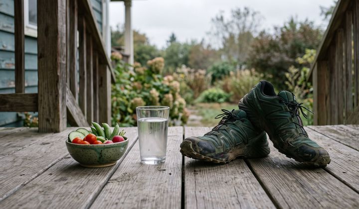 Abgenutzte Laufschuhe auf einer Holzveranda neben einem Glas Wasser und einer Schale frischem Gemüse im Morgenlicht