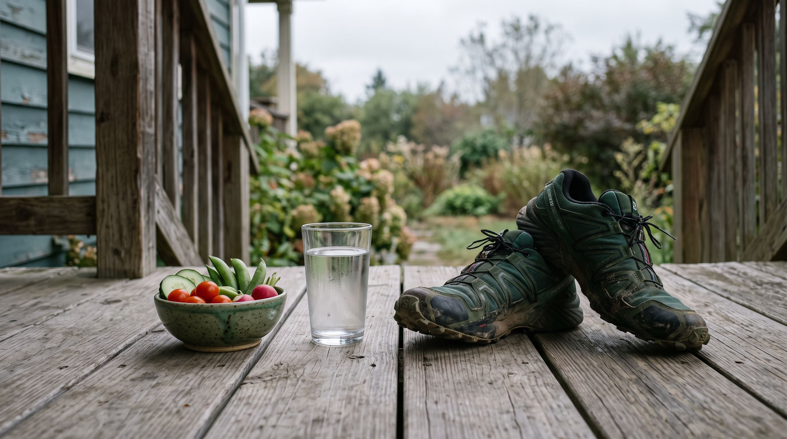 Abgenutzte Laufschuhe auf einer Holzveranda neben einem Glas Wasser und einer Schale frischem Gemüse im Morgenlicht
