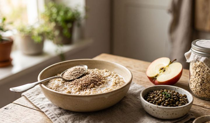 Haferbrei mit Leinsamen, daneben Linsen, ein halbierter Apfel und ein Glas Haferflocken auf einem Holztisch im Morgenlicht