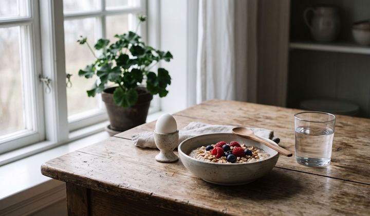 Frühstück mit Haferflocken, Beeren und Ei auf einem Holztisch im warmen Morgenlicht am Küchenfenster
