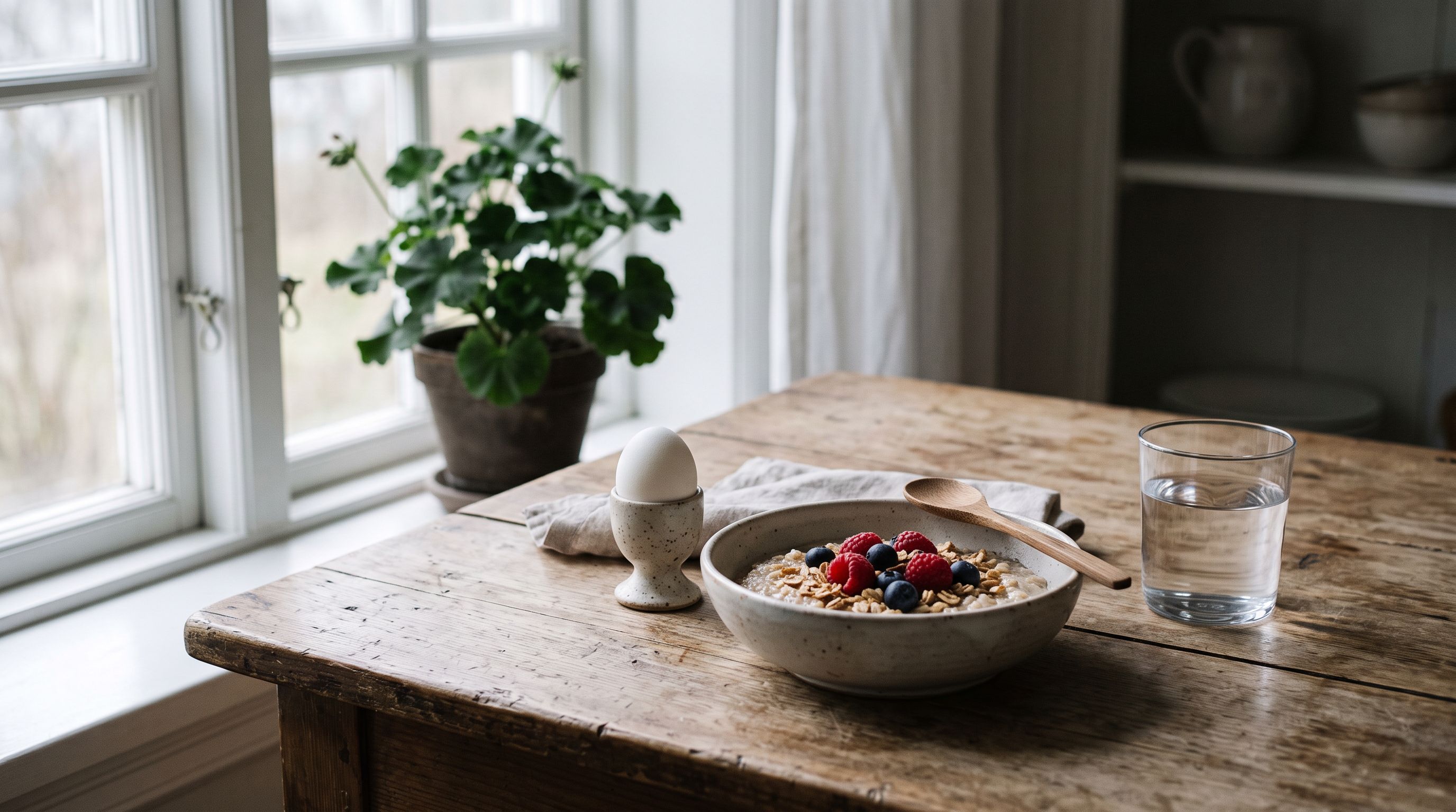 Frühstück mit Haferflocken, Beeren und Ei auf einem Holztisch im warmen Morgenlicht am Küchenfenster