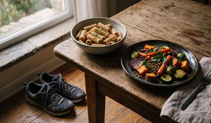 Holztisch am Fenster mit Pasta und Gemüse-Linsen-Teller, daneben Laufschuhe auf dem Boden, warmes Nachmittagslicht