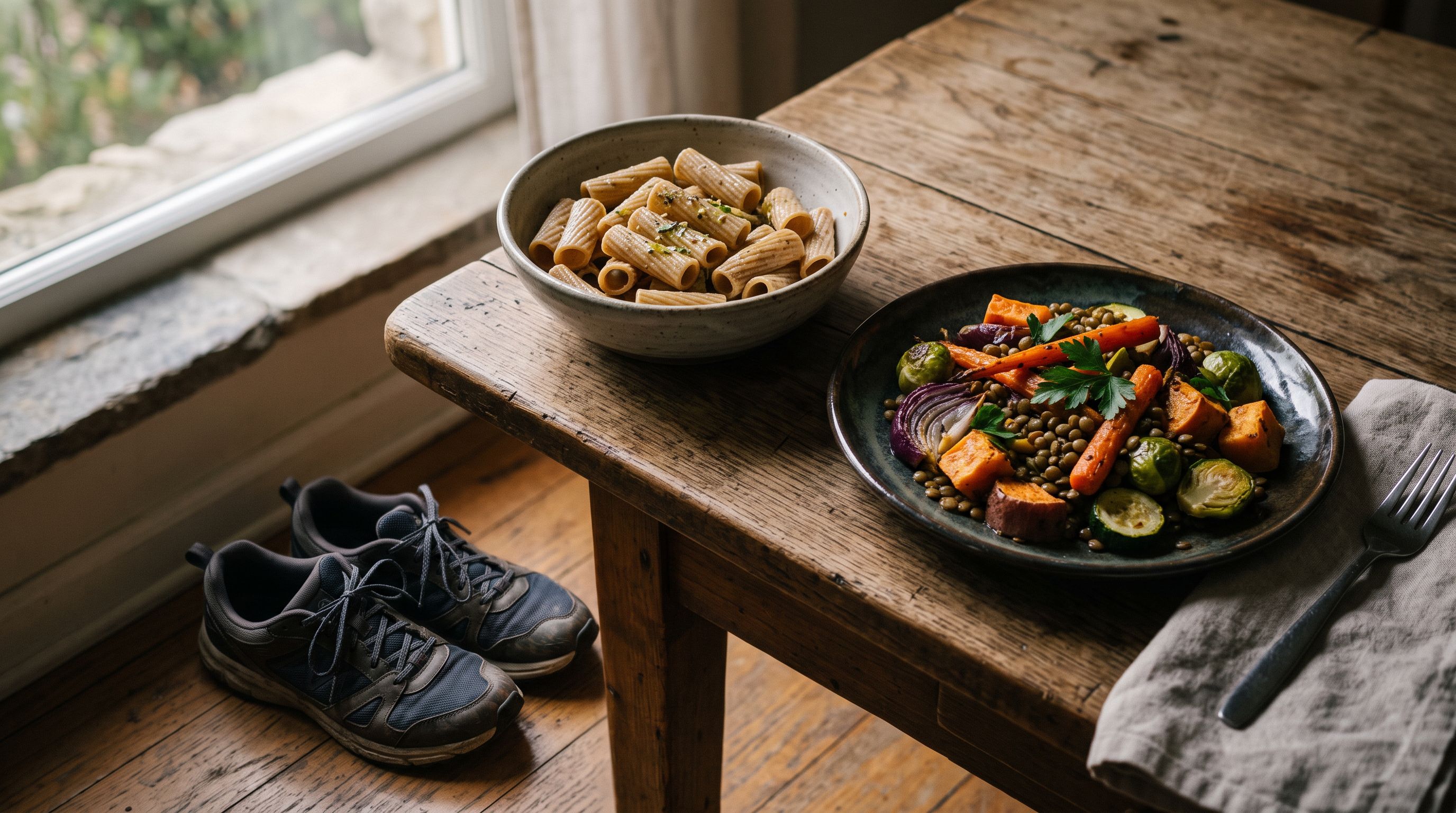 Holztisch am Fenster mit Pasta und Gemüse-Linsen-Teller, daneben Laufschuhe auf dem Boden, warmes Nachmittagslicht
