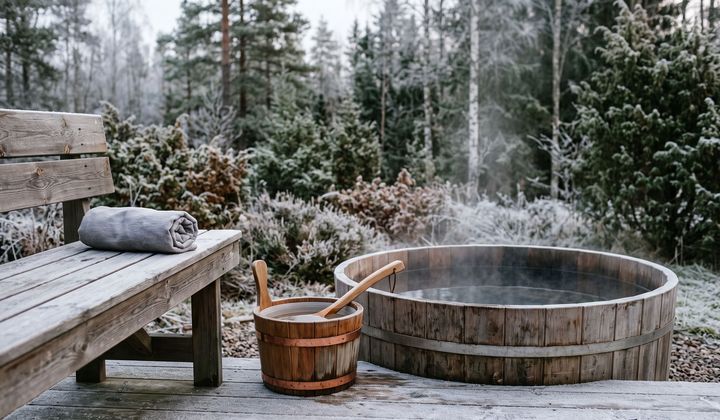 Holzbank einer Sauna mit Kelle und Eimer neben einem Kaltwasserbottich, leichter Dampf im frostigen Morgenlicht