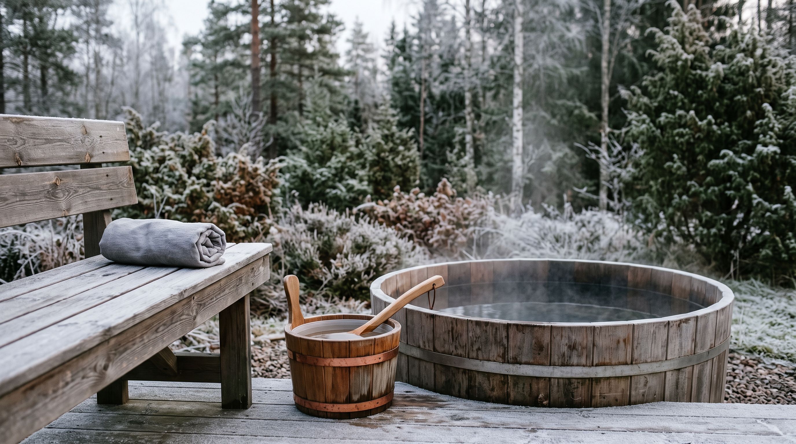 Holzbank einer Sauna mit Kelle und Eimer neben einem Kaltwasserbottich, leichter Dampf im frostigen Morgenlicht