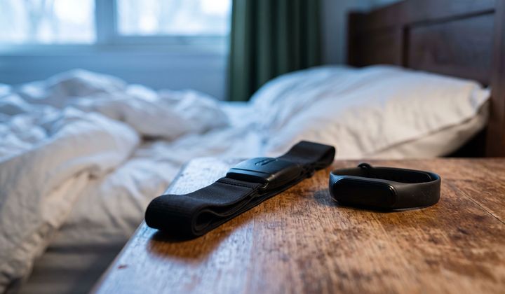 Brustgurt und Fitnessarmband liegen auf einem Nachttisch aus Holz neben zerwühlter Bettwäsche im blauen Licht der Morgendämmerung.