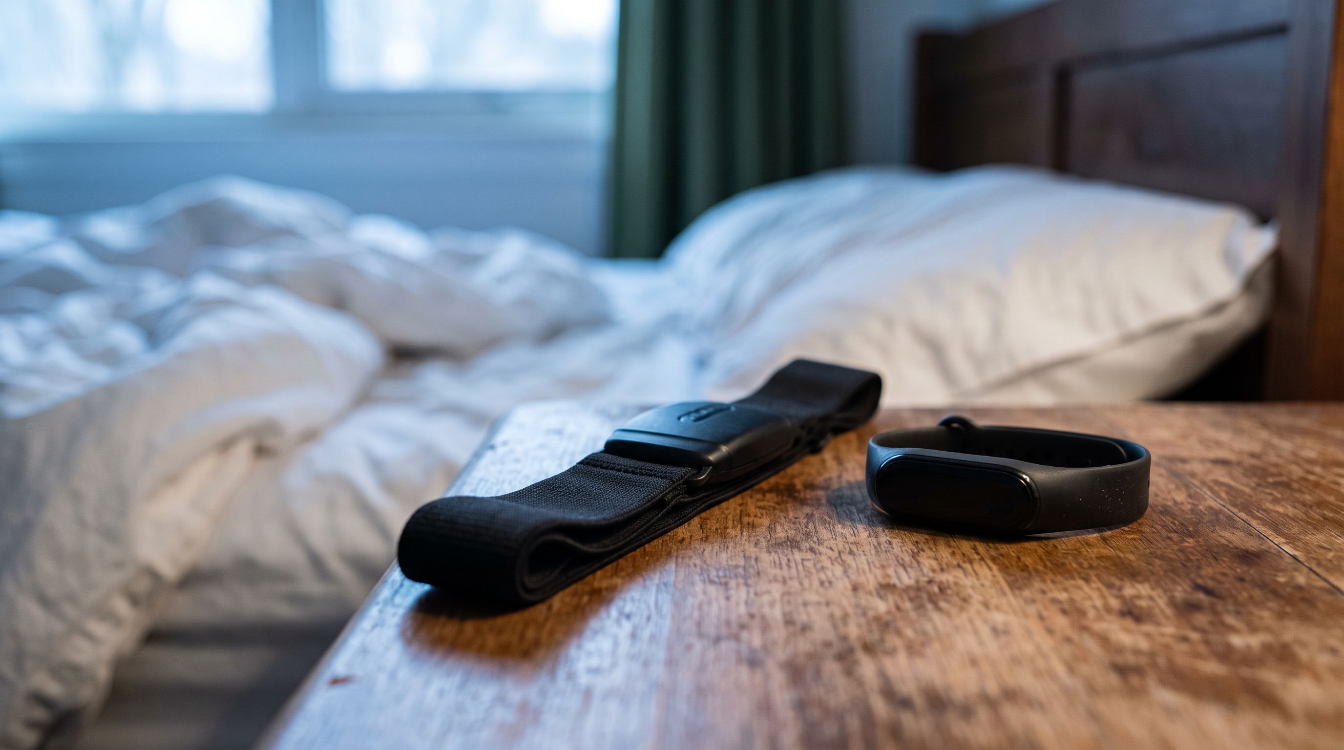 Brustgurt und Fitnessarmband liegen auf einem Nachttisch aus Holz neben zerwühlter Bettwäsche im blauen Licht der Morgendämmerung.