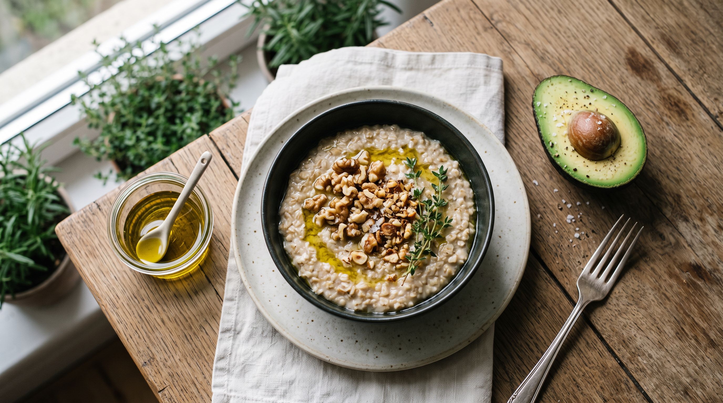 Holztisch im Morgenlicht mit Olivenöl in einer Glasschale, Haferbrei mit Walnüssen und einer halbierten Avocado
