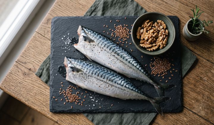 Frische Makrelenfilets auf Schieferbrett, daneben Walnüsse und Leinsamen auf Holztisch im Morgenlicht