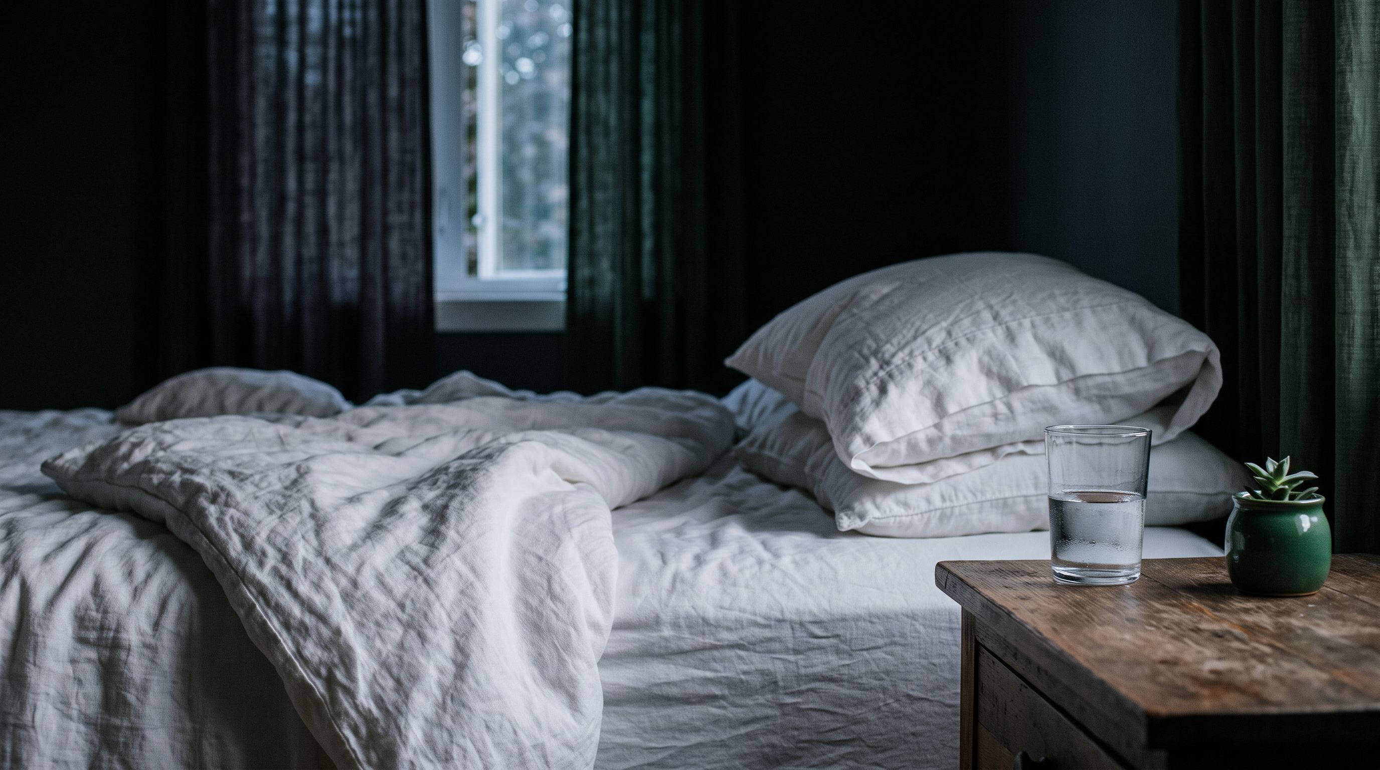 Ungemachtes Bett mit weißer Bettwäsche im dunklen Schlafzimmer, fahles Morgenlicht durchs Fenster, Wasserglas auf dem Nachttisch