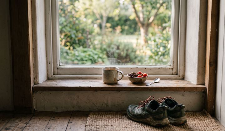Dampfende Teetasse und Schale mit Oliven und Tomaten auf einer Fensterbank im Morgenlicht, darunter Laufschuhe