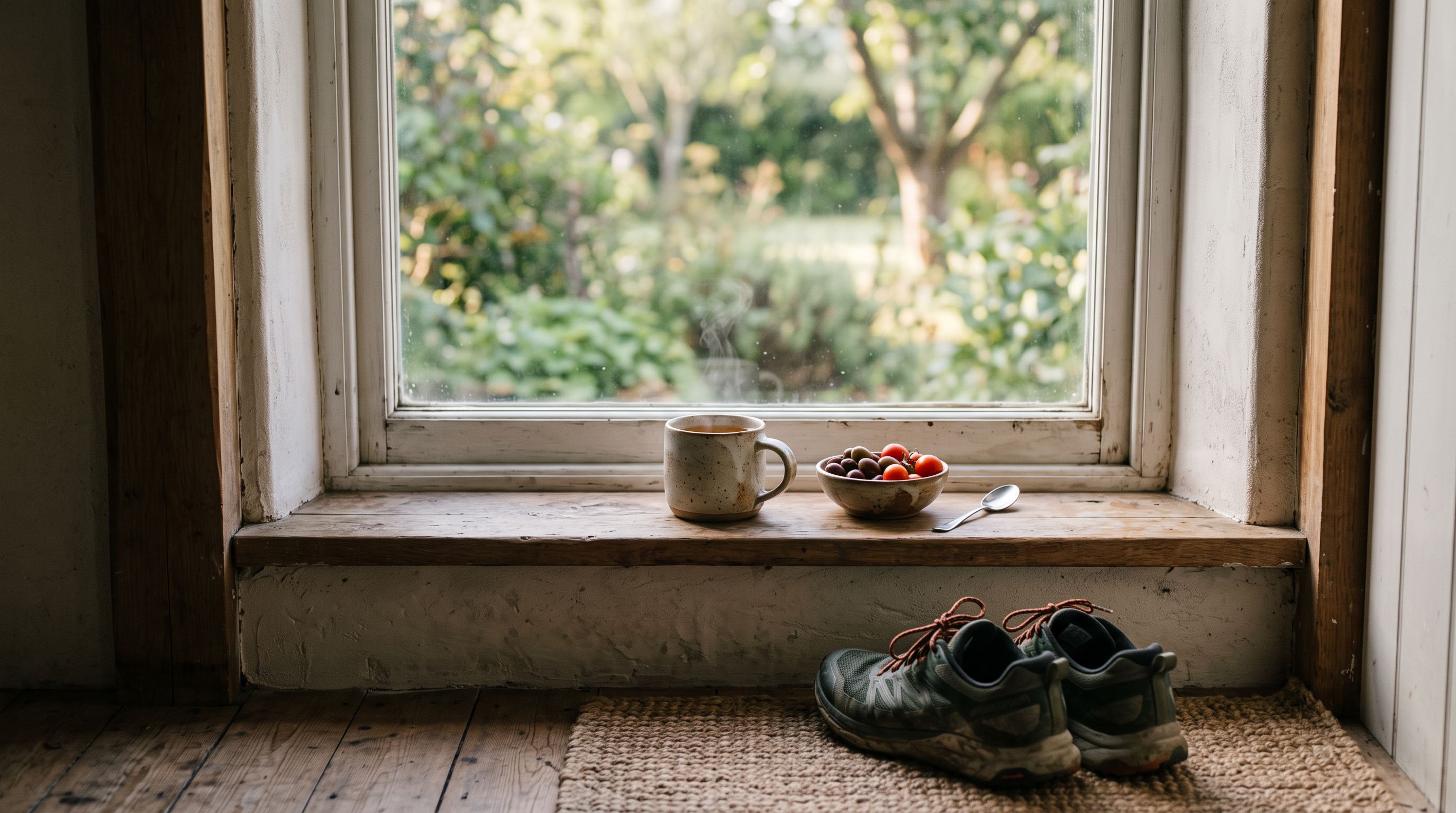 Dampfende Teetasse und Schale mit Oliven und Tomaten auf einer Fensterbank im Morgenlicht, darunter Laufschuhe
