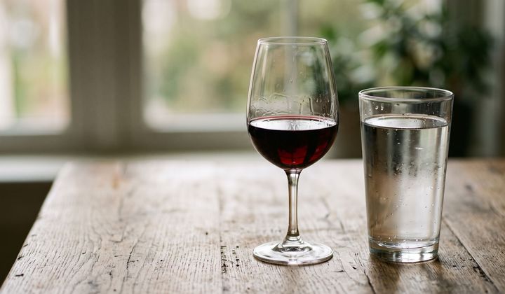 Ein halb gefülltes Glas Rotwein neben einem Glas Wasser auf einem Holztisch im Morgenlicht