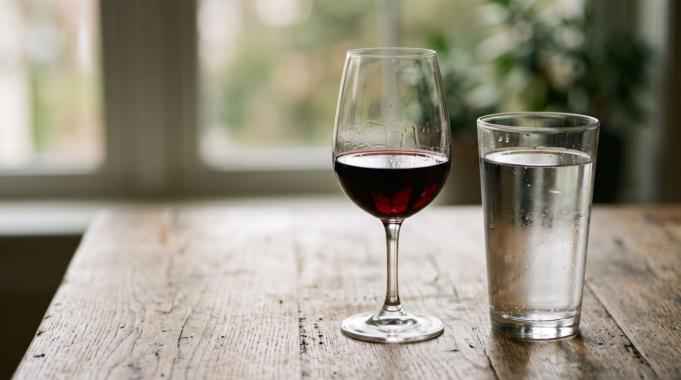 Ein halb gefülltes Glas Rotwein neben einem Glas Wasser auf einem Holztisch im Morgenlicht