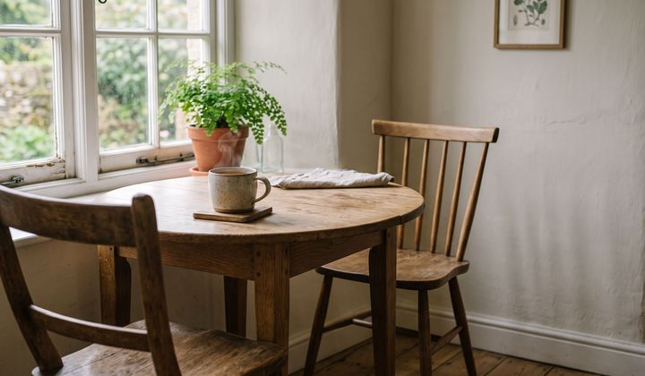 Küchentisch am Fenster mit einer Tasse Tee, gegenüber ein leerer Stuhl, weiches Morgenlicht