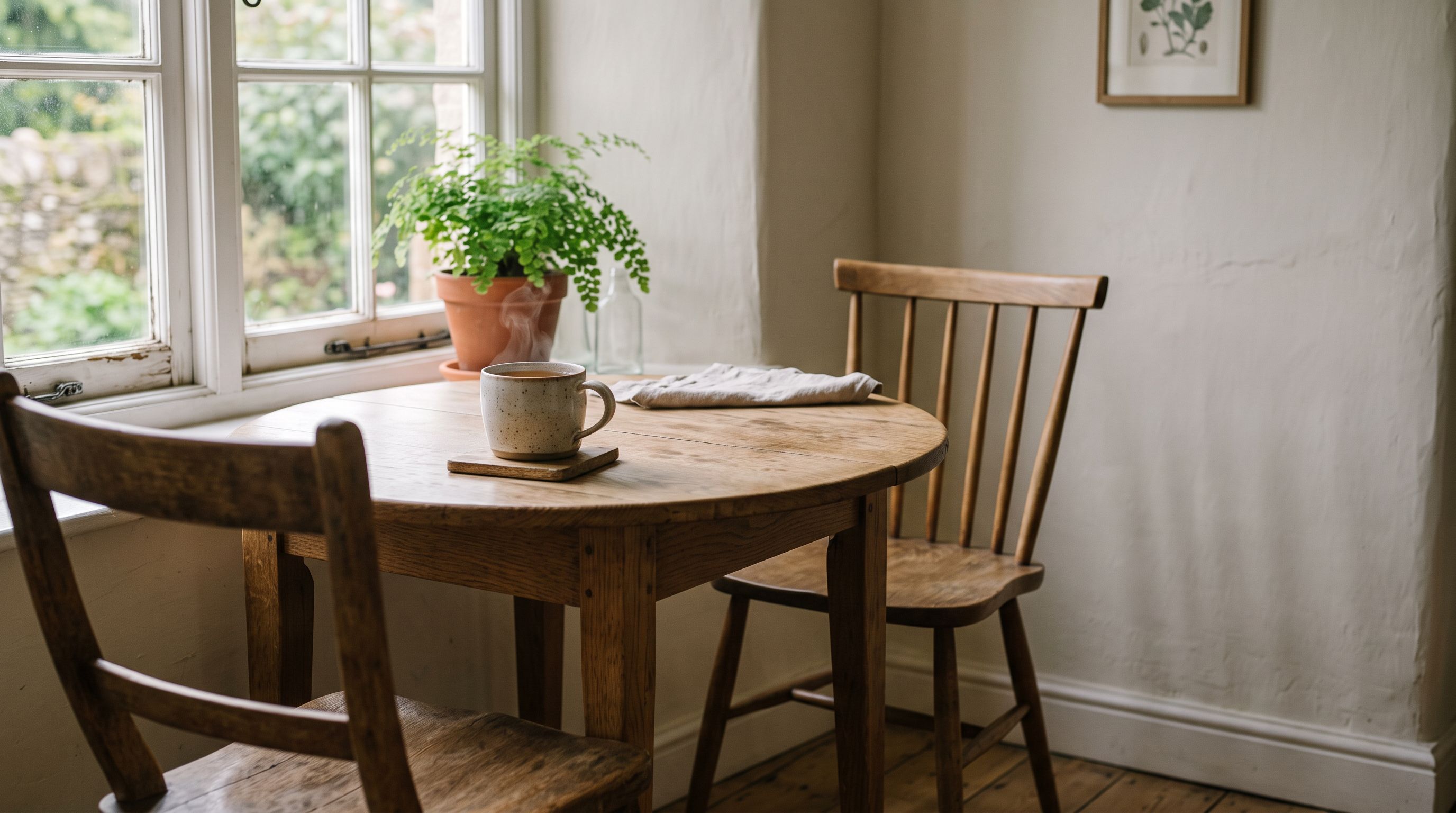 Küchentisch am Fenster mit einer Tasse Tee, gegenüber ein leerer Stuhl, weiches Morgenlicht