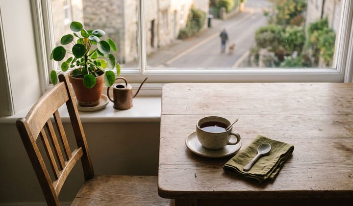 Eine einzelne Teetasse auf einem Holztisch am Fenster, daneben ein leerer Stuhl im weichen Nachmittagslicht