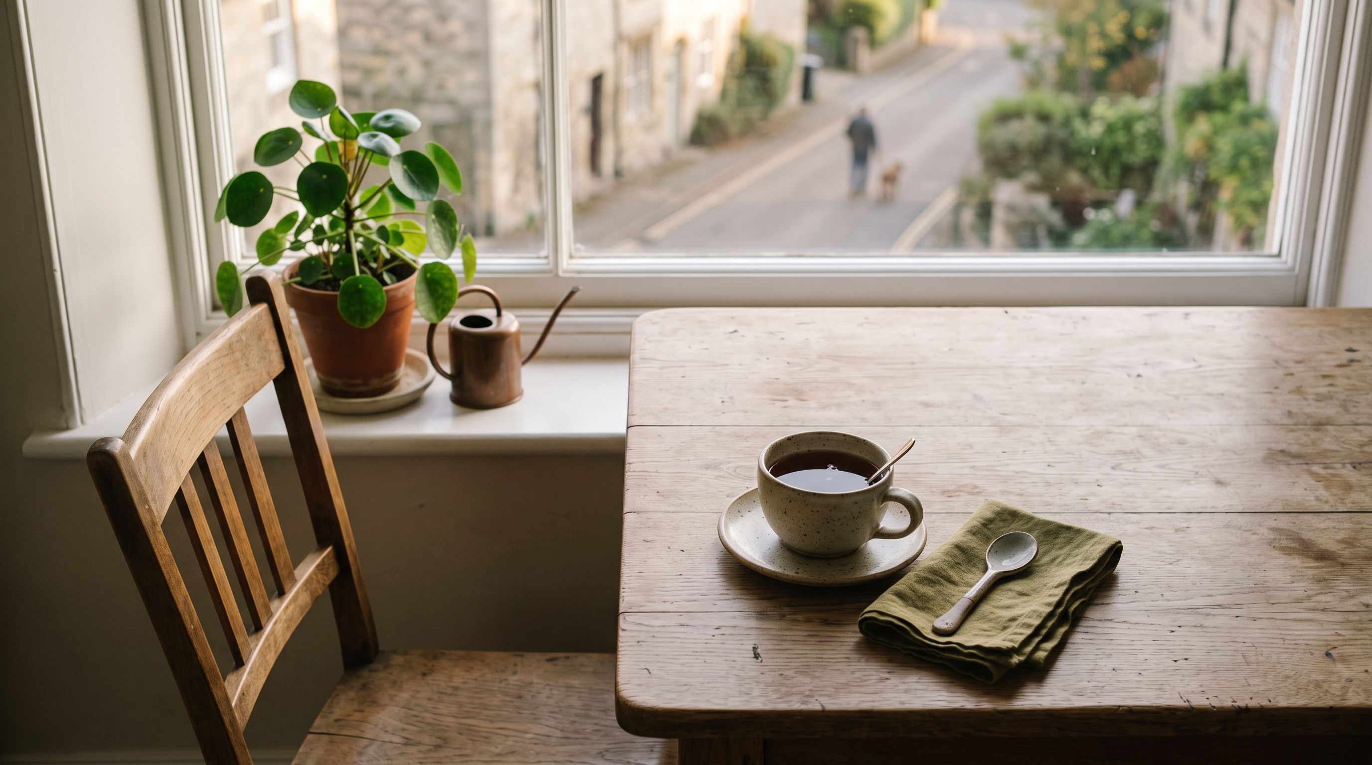 Eine einzelne Teetasse auf einem Holztisch am Fenster, daneben ein leerer Stuhl im weichen Nachmittagslicht